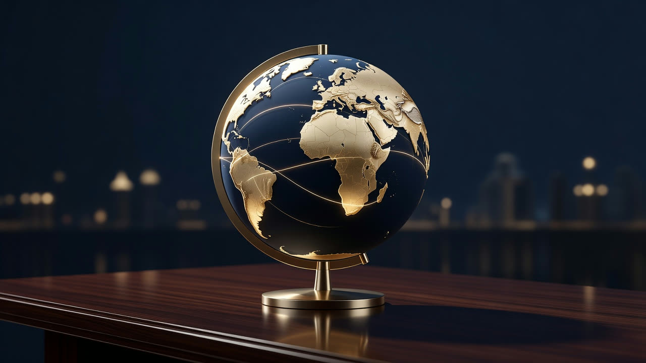 Globe with golden connections across continents