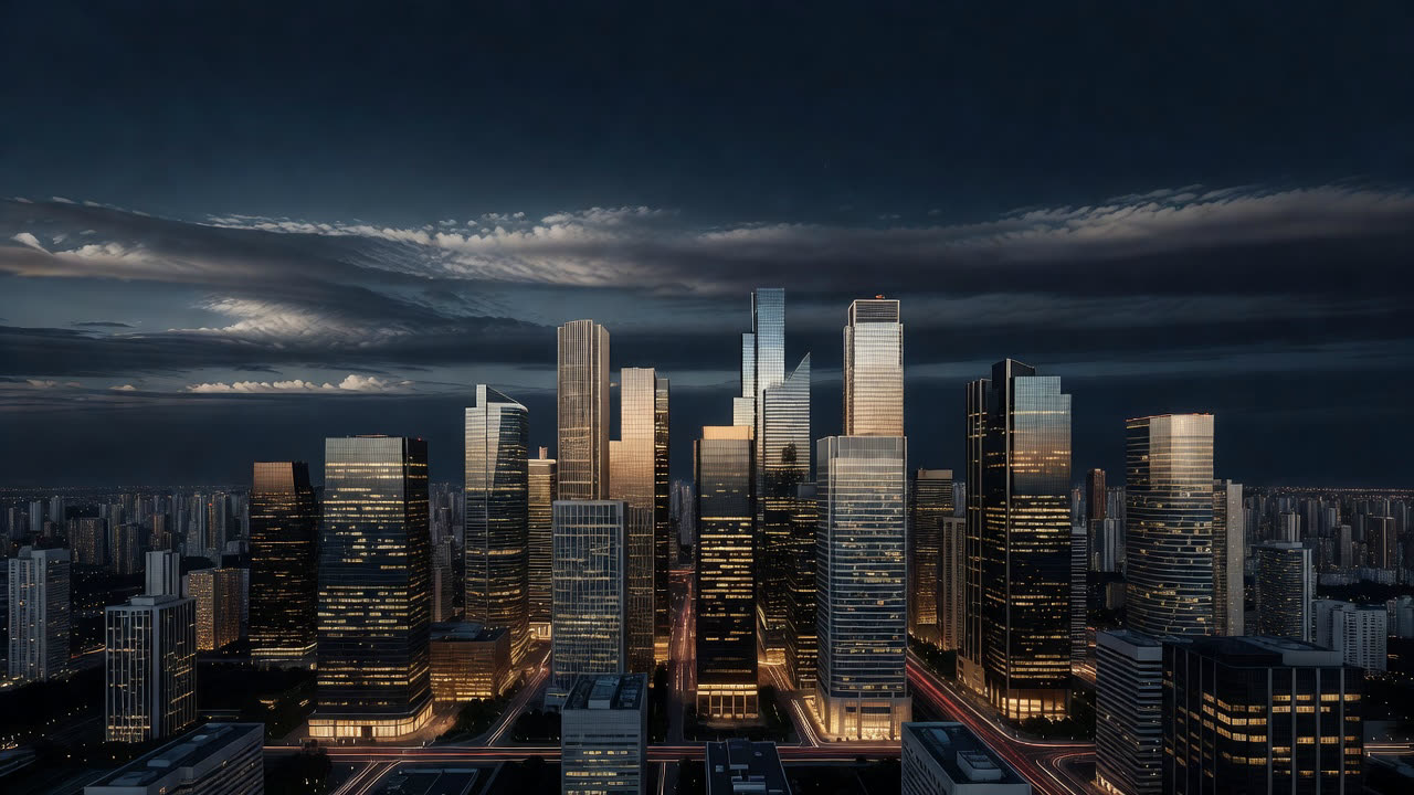 Global financial district at dusk